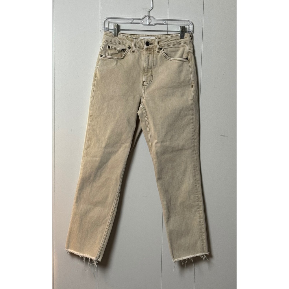 Topshop Women's Straight Leg Jeans Tan Sand Raw Hem High Rise Size W26 L32